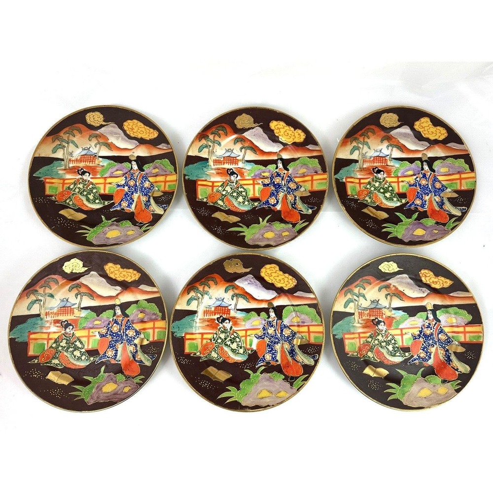 Takito Diamond TT Brown Hand Painted Porcelain 7.5" Plates Japan Set Antique